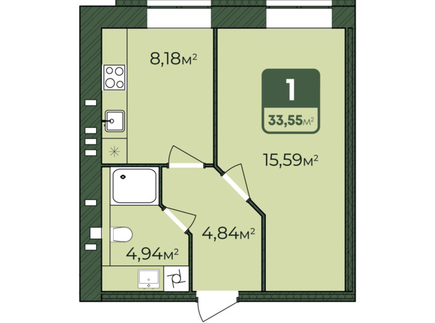 ЖК West Home: планування 1-кімнатної квартири 33.5 м²