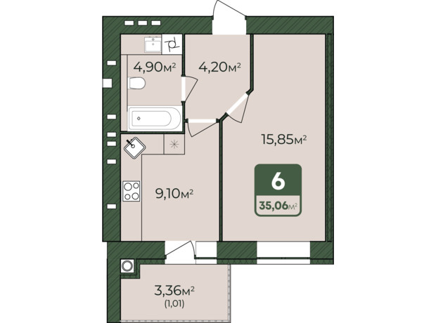 ЖК West Home: планування 1-кімнатної квартири 35.06 м²