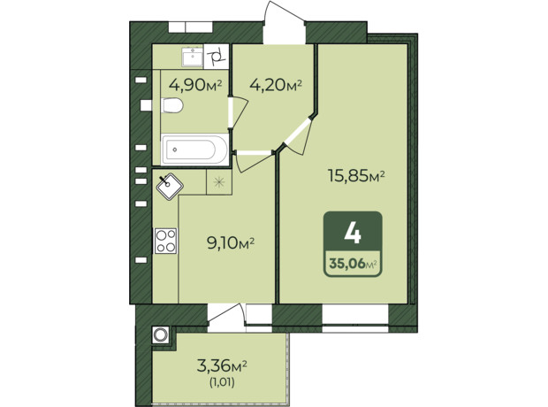 ЖК West Home: планування 1-кімнатної квартири 35.06 м²