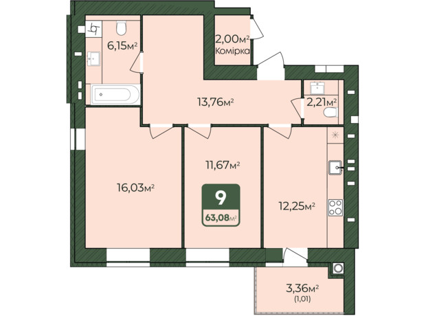 ЖК West Home: планування 2-кімнатної квартири 63.08 м²