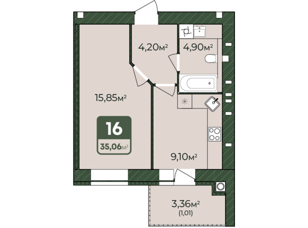 ЖК West Home: планування 1-кімнатної квартири 35.06 м²