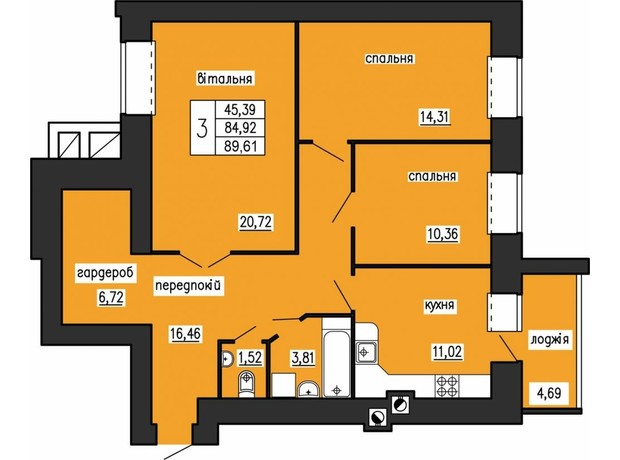 ЖК по вул. Лучаківського-Тролейбусна: планування 3-кімнатної квартири 89.61 м²