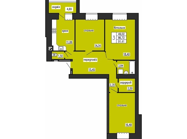 ЖК по ул. Лучаковского-Троллейбусная: планировка 3-комнатной квартиры 91.41 м²