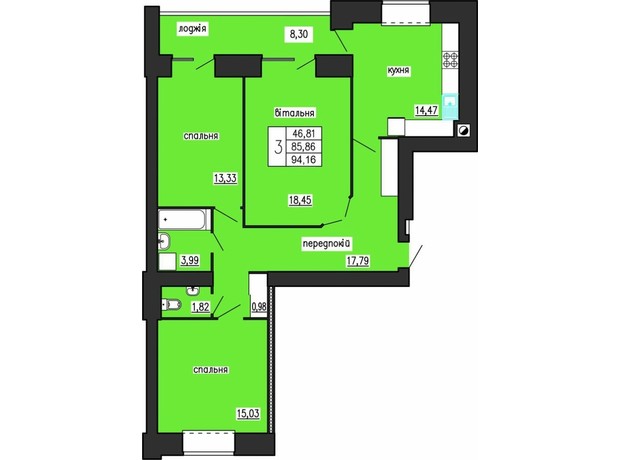 ЖК по вул. Лучаківського-Тролейбусна: планування 3-кімнатної квартири 94.16 м²