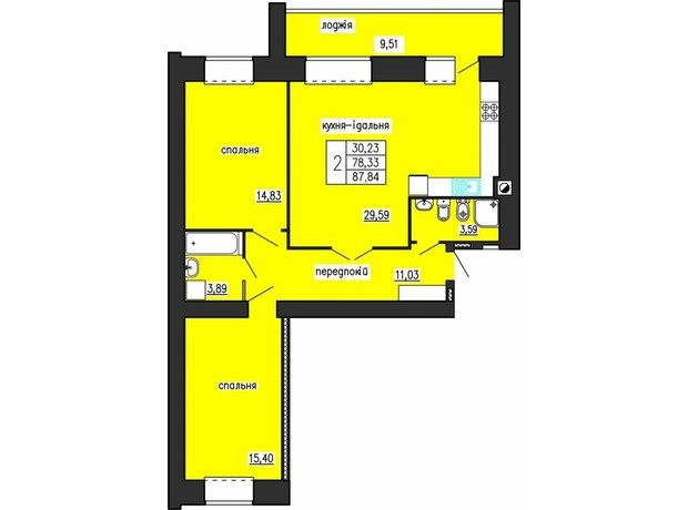 ЖК по ул. Лучаковского-Троллейбусная: планировка 2-комнатной квартиры 87.84 м²