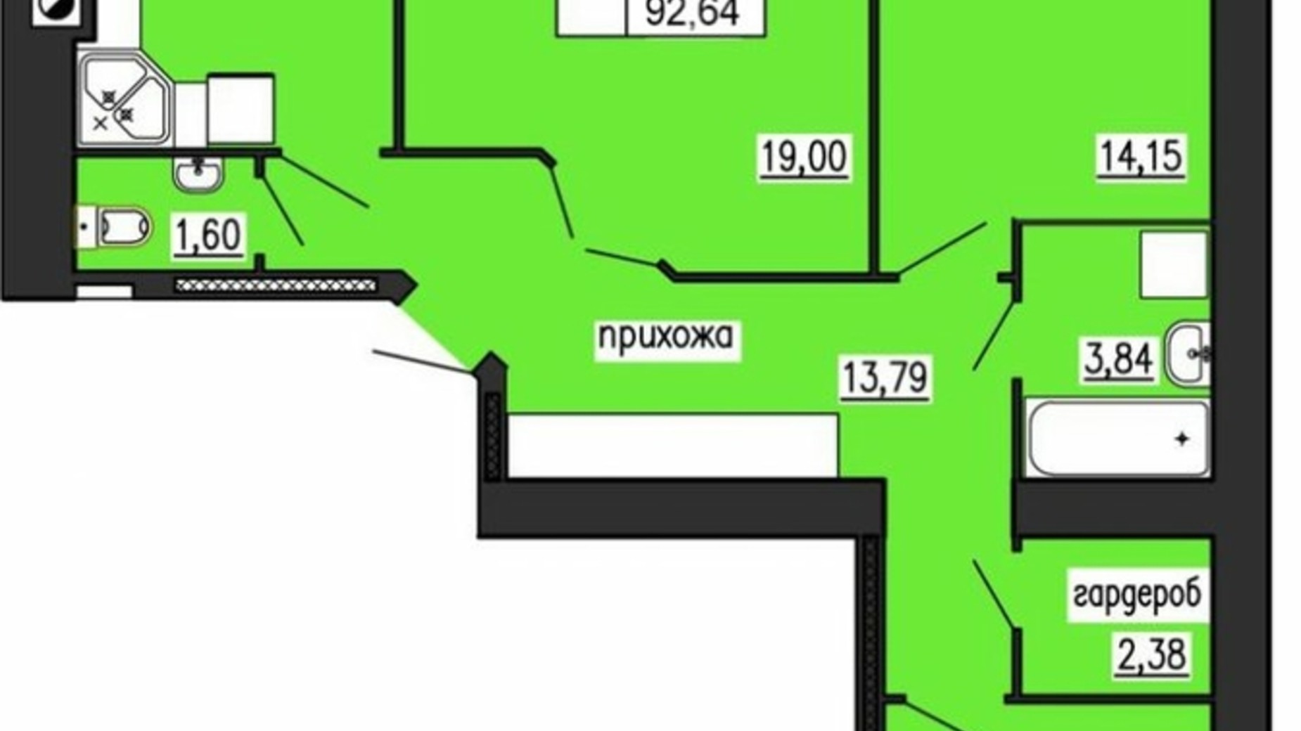 Планування 3-кімнатної квартири в ЖК по вул. Лучаківського-Тролейбусна 92.64 м², фото 615635