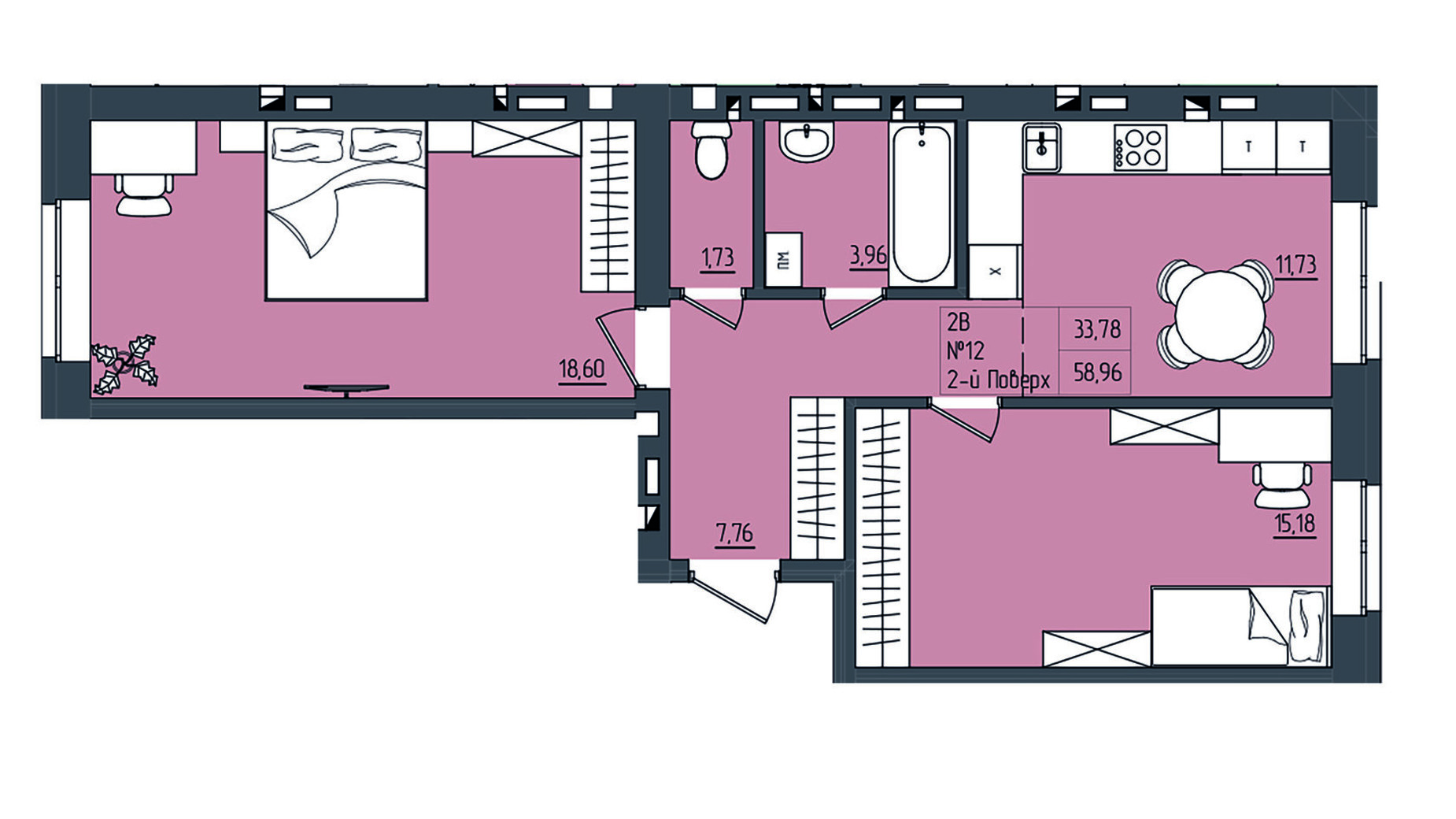 Планування 2-кімнатної квартири в ЖК Субурбія 58.61 м², фото 615704