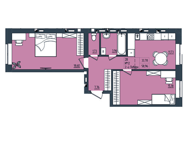 ЖК Субурбия: планировка 2-комнатной квартиры 58.61 м²