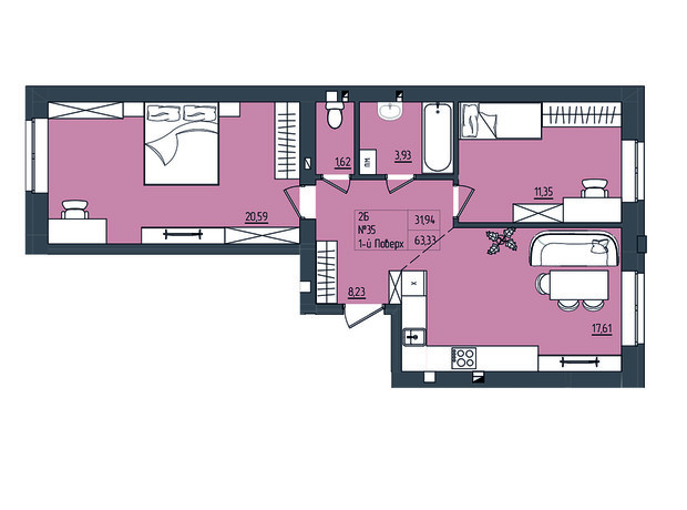 ЖК Субурбия: планировка 2-комнатной квартиры 63.33 м²
