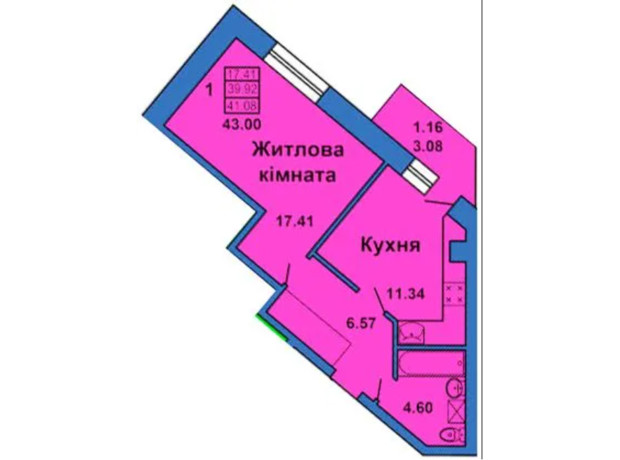 ЖК ул. Весенняя, 9: планировка 1-комнатной квартиры 43 м²