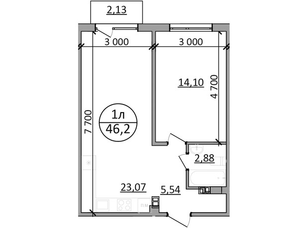 ЖК Парксайд: планування 1-кімнатної квартири 46.2 м²