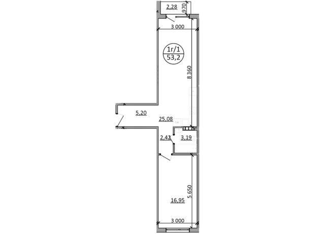 ЖК Парксайд: планування 1-кімнатної квартири 53.5 м²