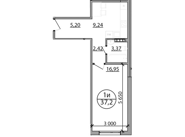 ЖК Парксайд: планировка 1-комнатной квартиры 37.2 м²