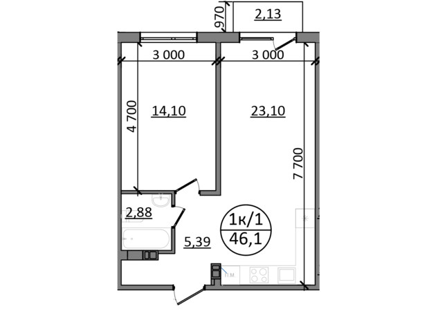 ЖК Парксайд: планування 1-кімнатної квартири 46.1 м²