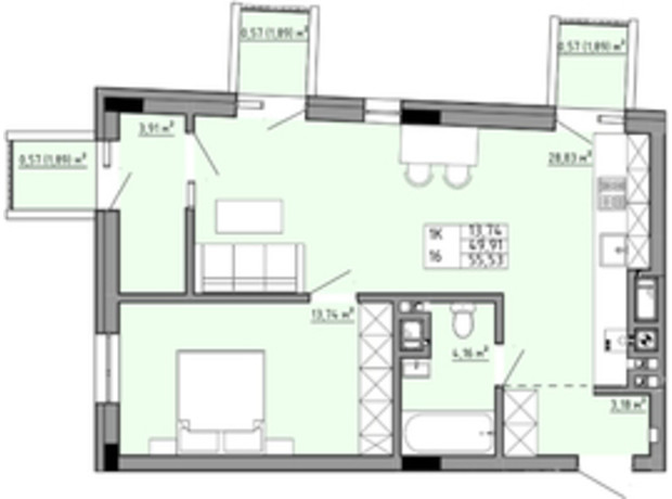 ЖК Family House : планування 1-кімнатної квартири 55.53 м²
