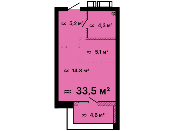 ЖК Скай Сити Плюс: планировка 1-комнатной квартиры 33.5 м²