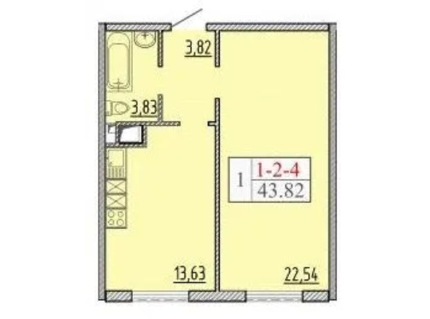 ЖК Пятьдесят восьмая жемчужина: планировка 1-комнатной квартиры 43.82 м²