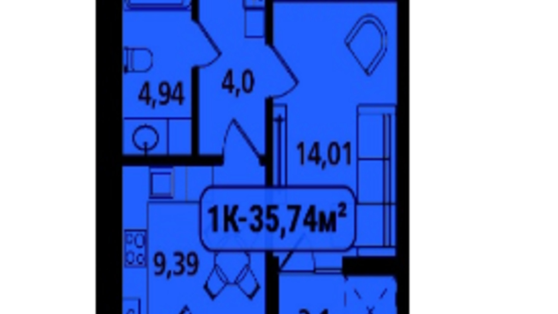 Планировка 1-комнатной квартиры в ЖК Опришівська Слобода 35.7 м², фото 616767