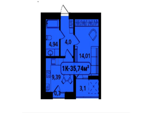 ЖК Опришівська Слобода: планування 1-кімнатної квартири 35.7 м²