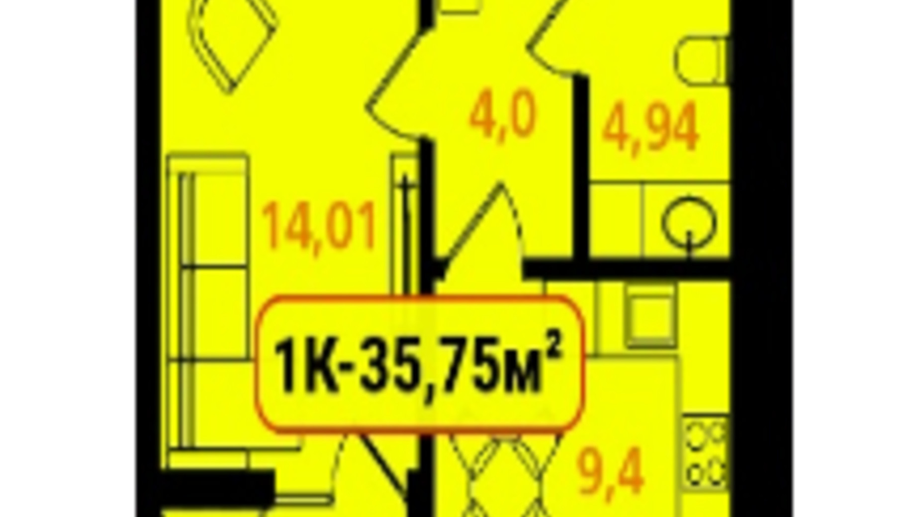 Планування 1-кімнатної квартири в ЖК Опришівська Слобода 35.7 м², фото 616768