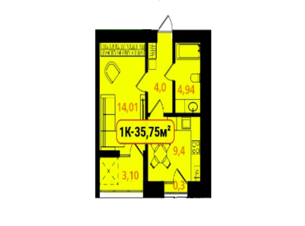 ЖК Опришівська Слобода: планировка 1-комнатной квартиры 35.7 м²