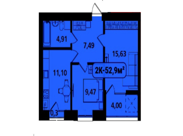 ЖК Опришівська Слобода: планировка 2-комнатной квартиры 52.9 м²