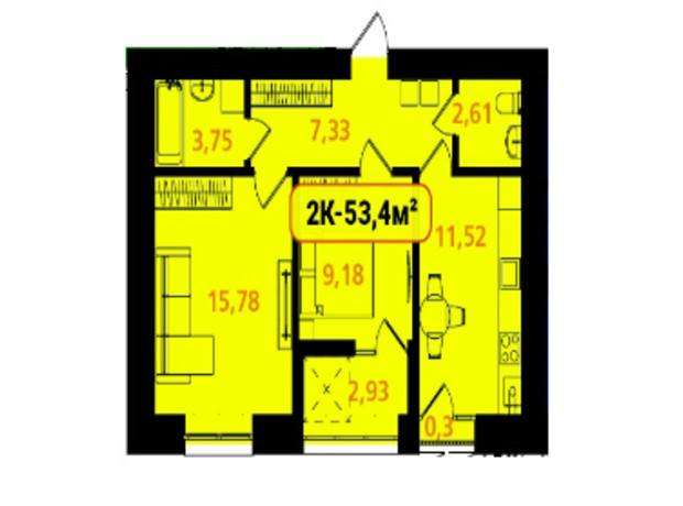 ЖК Опришівська Слобода: планування 2-кімнатної квартири 53.4 м²