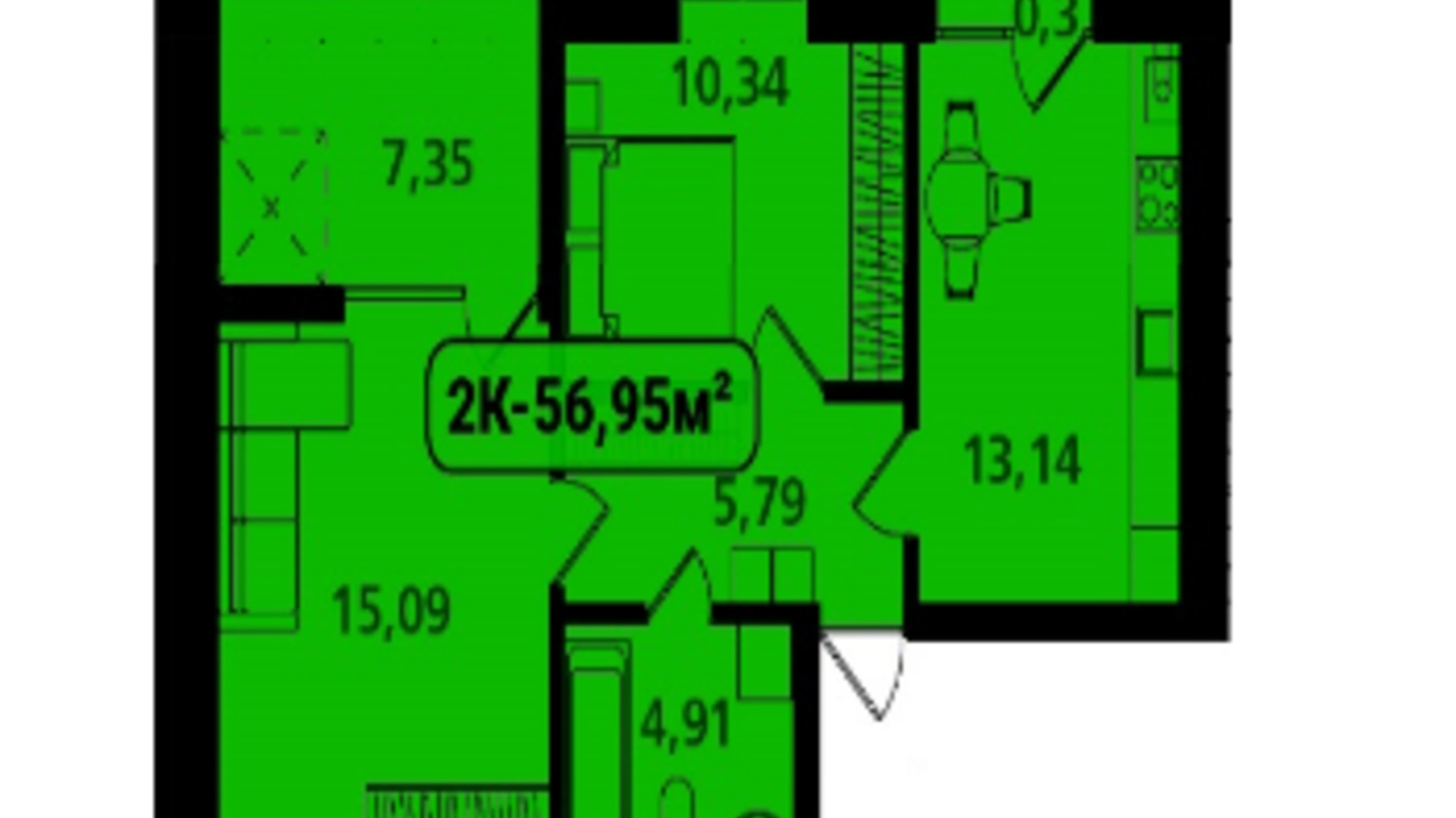 Планування 2-кімнатної квартири в ЖК Опришівська Слобода 56.95 м², фото 616771