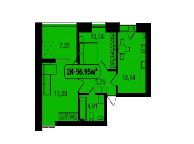 ЖК Опришівська Слобода: планировка 2-комнатной квартиры 56.95 м²