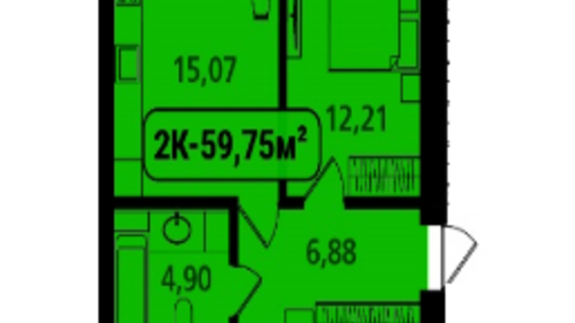 Планування 2-кімнатної квартири в ЖК Опришівська Слобода 59.72 м², фото 616772