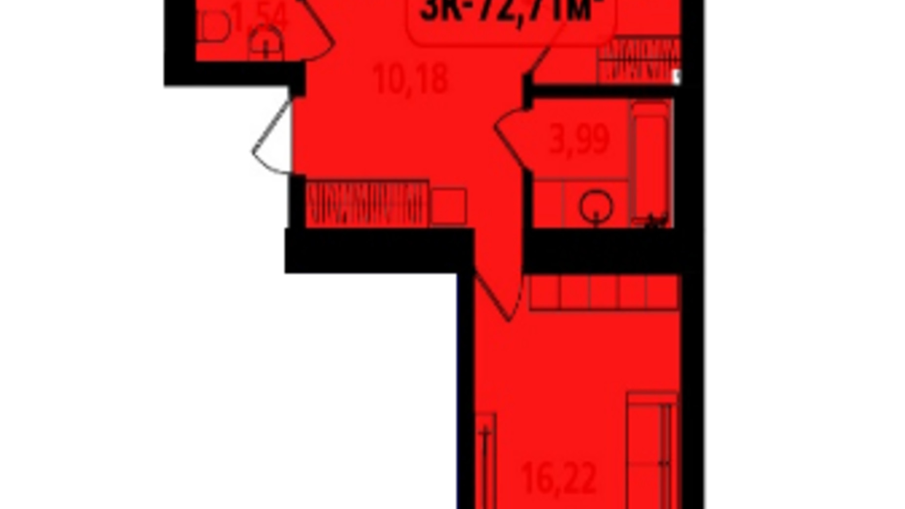 Планування 3-кімнатної квартири в ЖК Опришівська Слобода 72.71 м², фото 616773