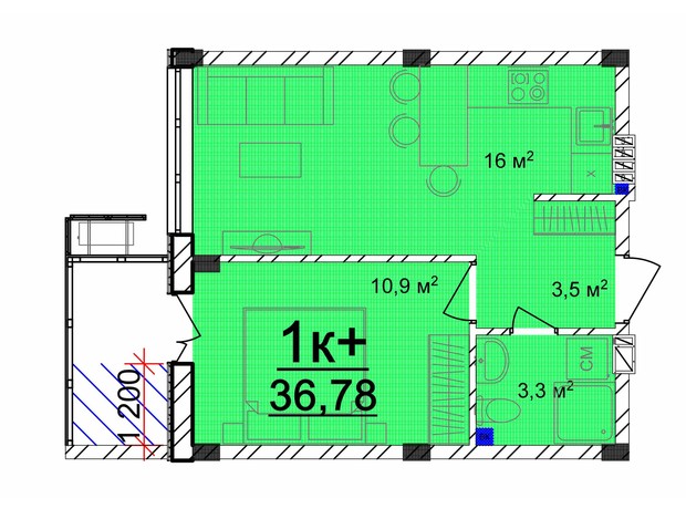 ЖК Маріїнський: планування 1-кімнатної квартири 36.78 м²