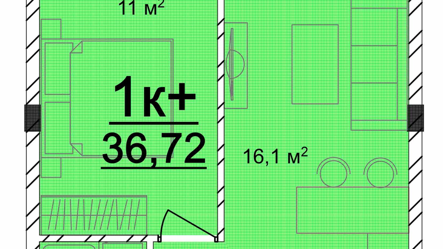 Планування 1-кімнатної квартири в ЖК Маріїнський 36.72 м², фото 616780