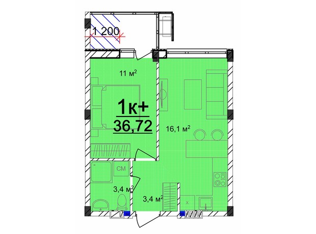 ЖК Мариинский: планировка 1-комнатной квартиры 36.72 м²