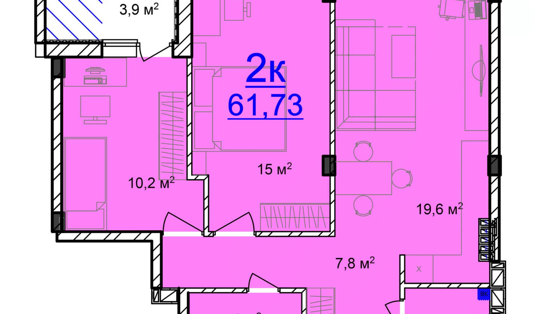 Планування 2-кімнатної квартири в ЖК Маріїнський 61.73 м², фото 616783