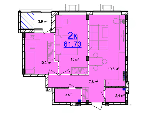 ЖК Мариинский: планировка 2-комнатной квартиры 61.73 м²