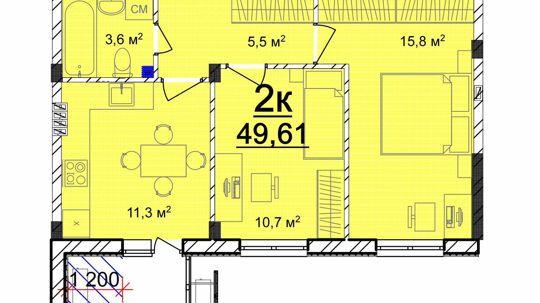 Планування 2-кімнатної квартири в ЖК Маріїнський 49.61 м², фото 616786