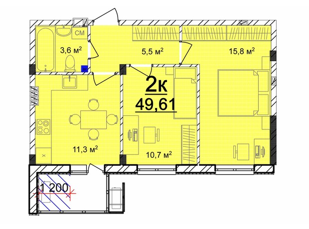 ЖК Мариинский: планировка 2-комнатной квартиры 49.61 м²