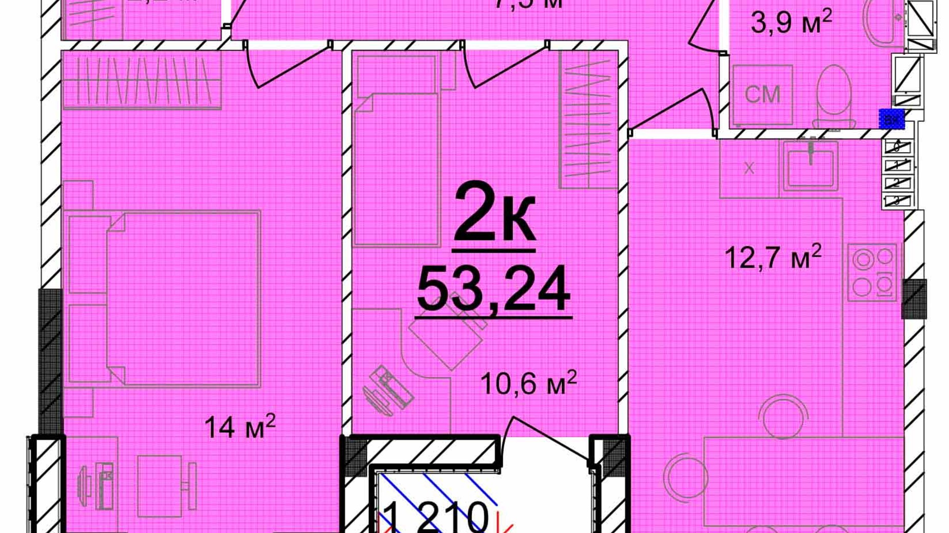 Планування 2-кімнатної квартири в ЖК Маріїнський 53.24 м², фото 616787