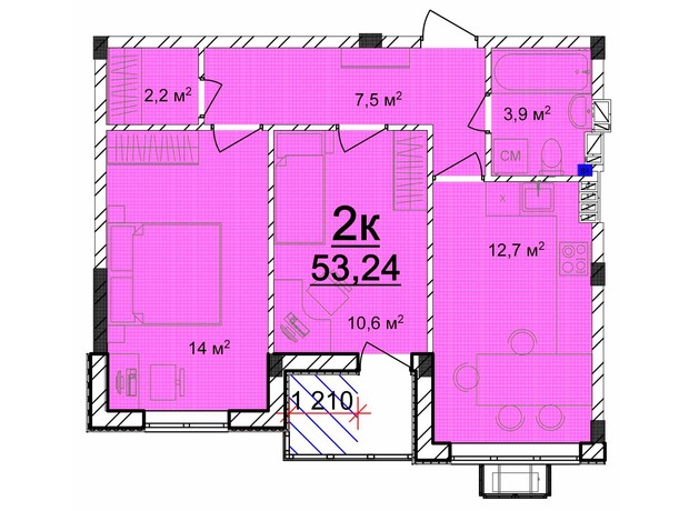 ЖК Маріїнський: планування 2-кімнатної квартири 53.24 м²