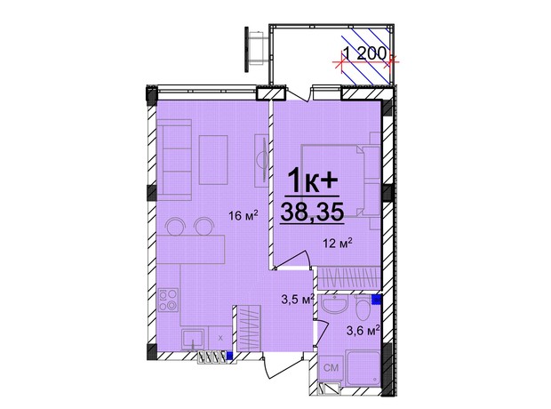 ЖК Мариинский: планировка 1-комнатной квартиры 38.35 м²