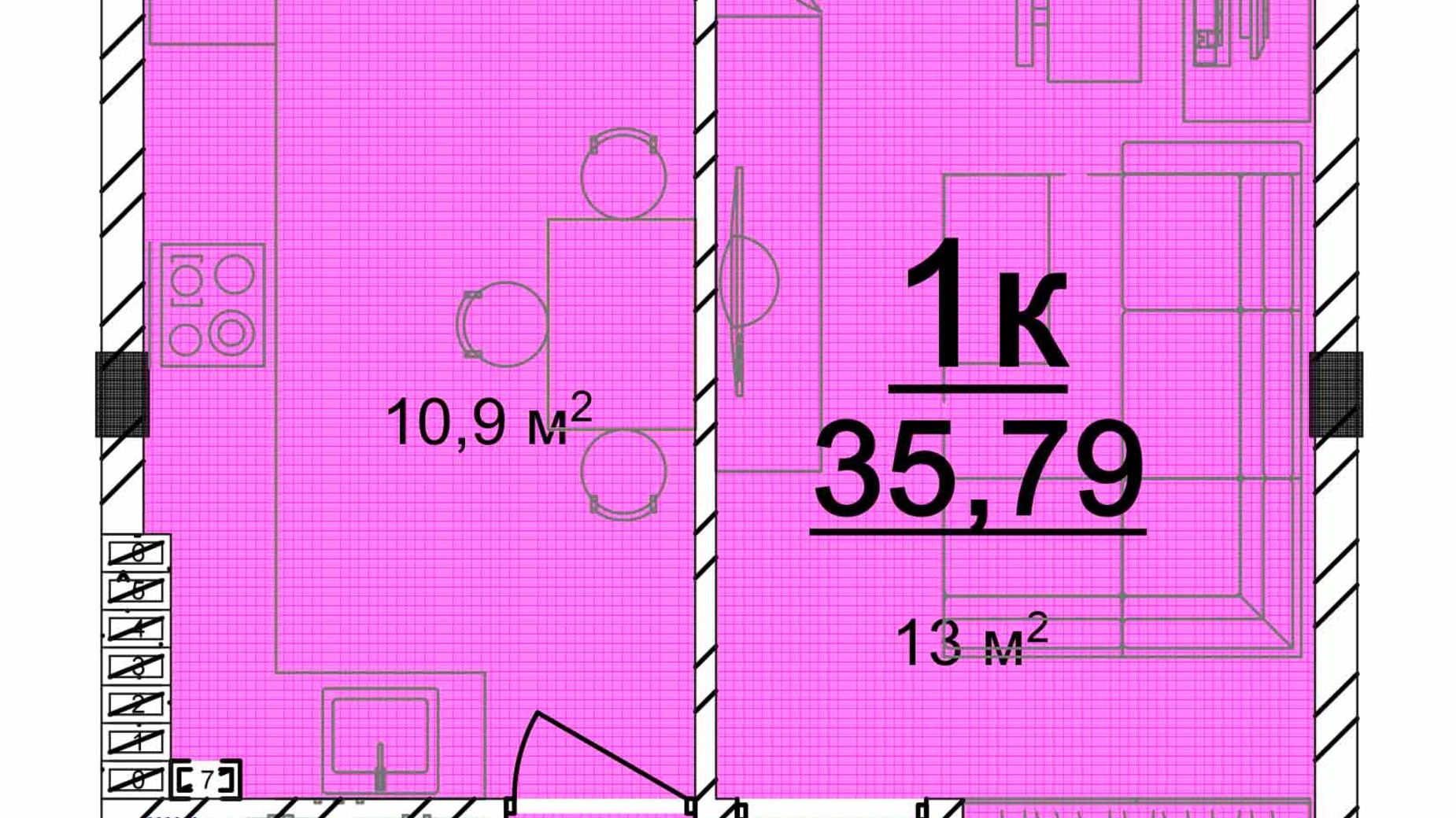 Планування 1-кімнатної квартири в ЖК Маріїнський 35.79 м², фото 616796