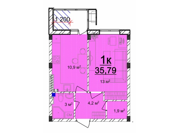 ЖК Мариинский: планировка 1-комнатной квартиры 35.79 м²