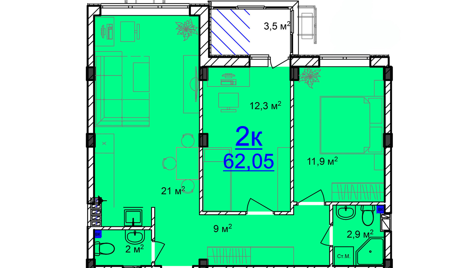 Планировка 2-комнатной квартиры в ЖК Мариинский 62.05 м², фото 616803