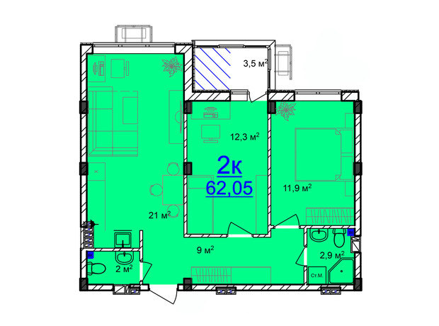 ЖК Маріїнський: планування 2-кімнатної квартири 62.05 м²