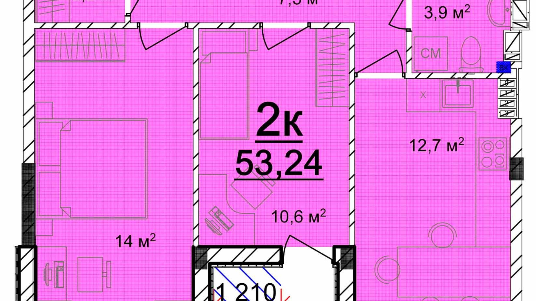 Планування 2-кімнатної квартири в ЖК Маріїнський 53.24 м², фото 616806