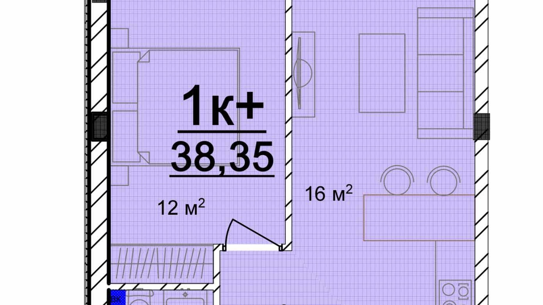 Планування 1-кімнатної квартири в ЖК Маріїнський 38.35 м², фото 616814