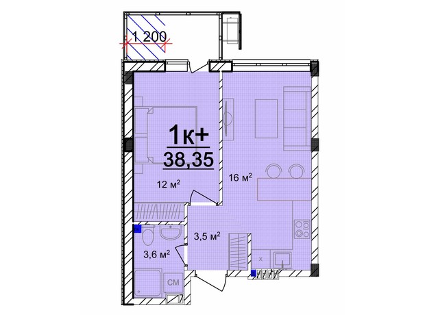 ЖК Мариинский: планировка 1-комнатной квартиры 38.35 м²