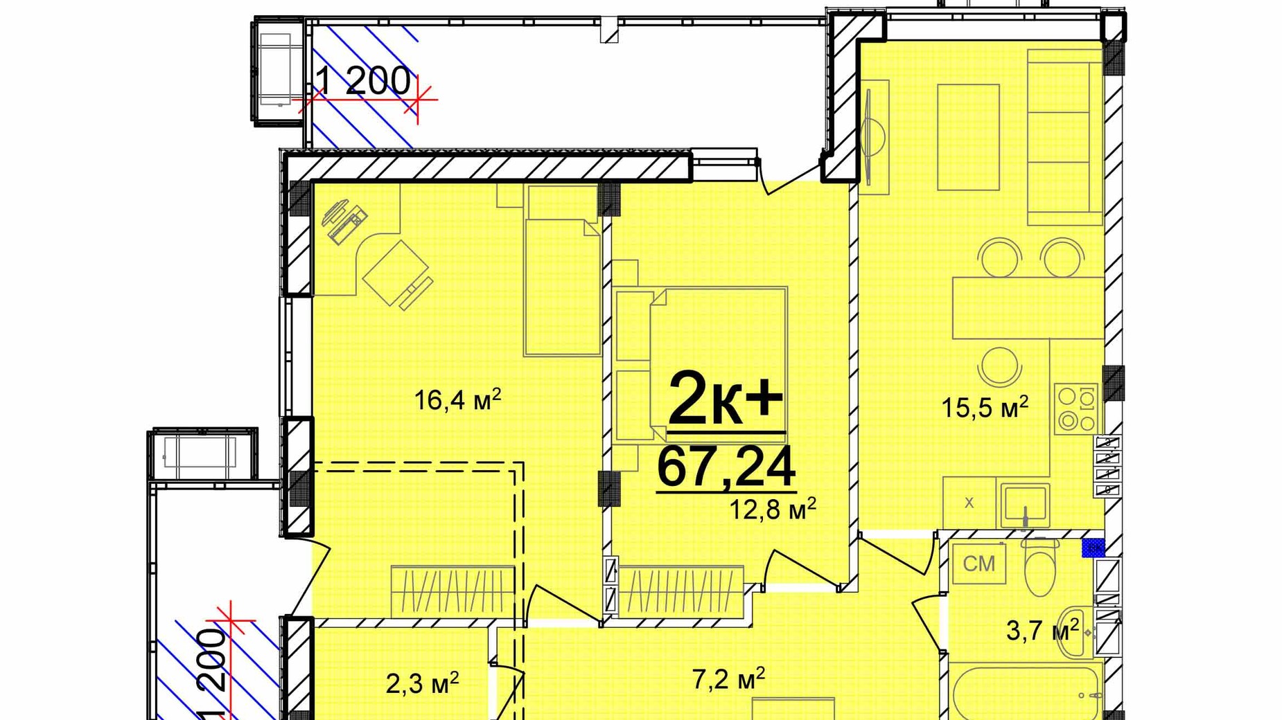 Планування 2-кімнатної квартири в ЖК Маріїнський 67.24 м², фото 616815