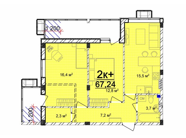 ЖК Маріїнський: планування 2-кімнатної квартири 67.24 м²